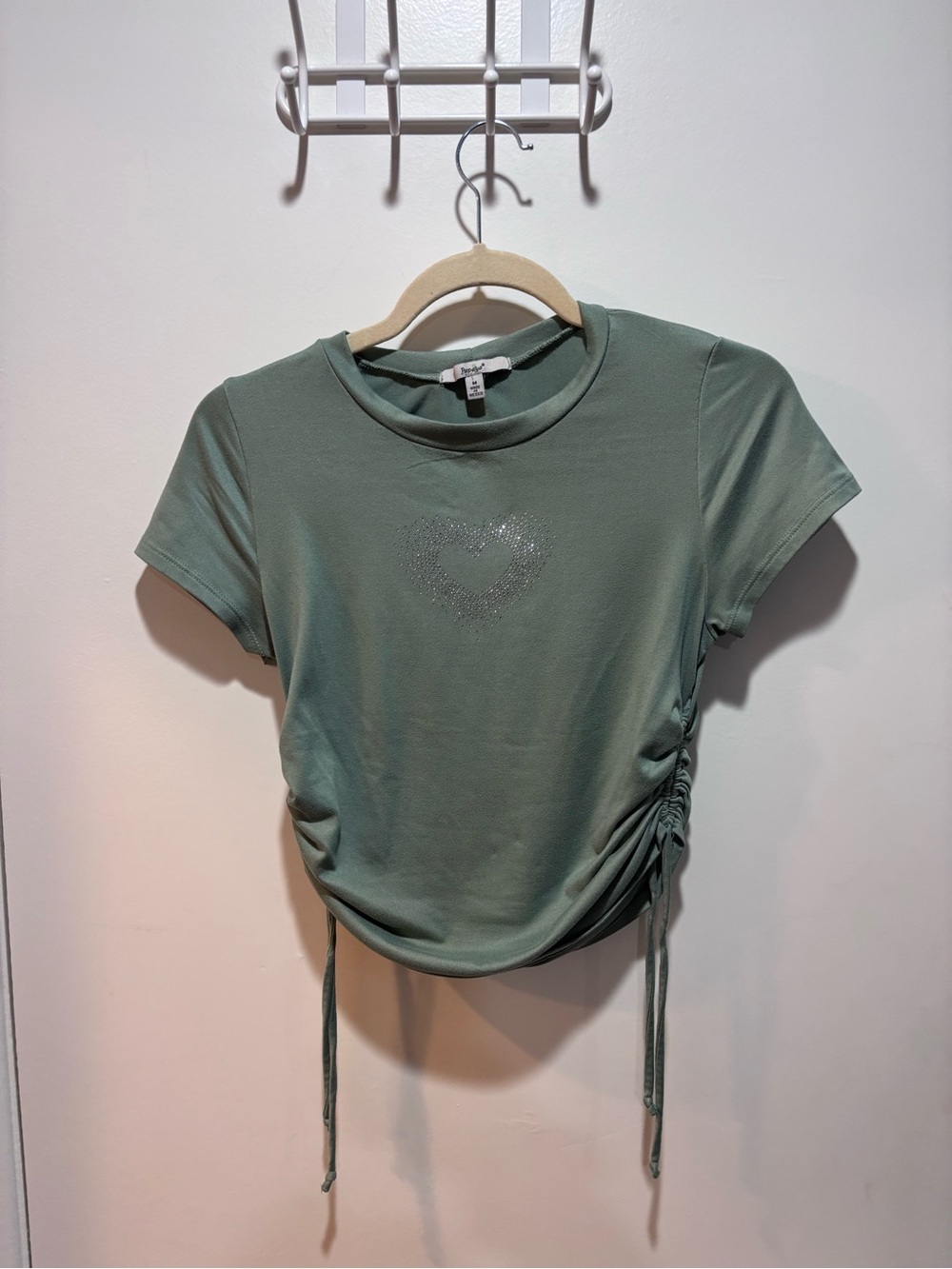 Papaya Olive Green Ruched Side Crop Top with Rhinestone Heart